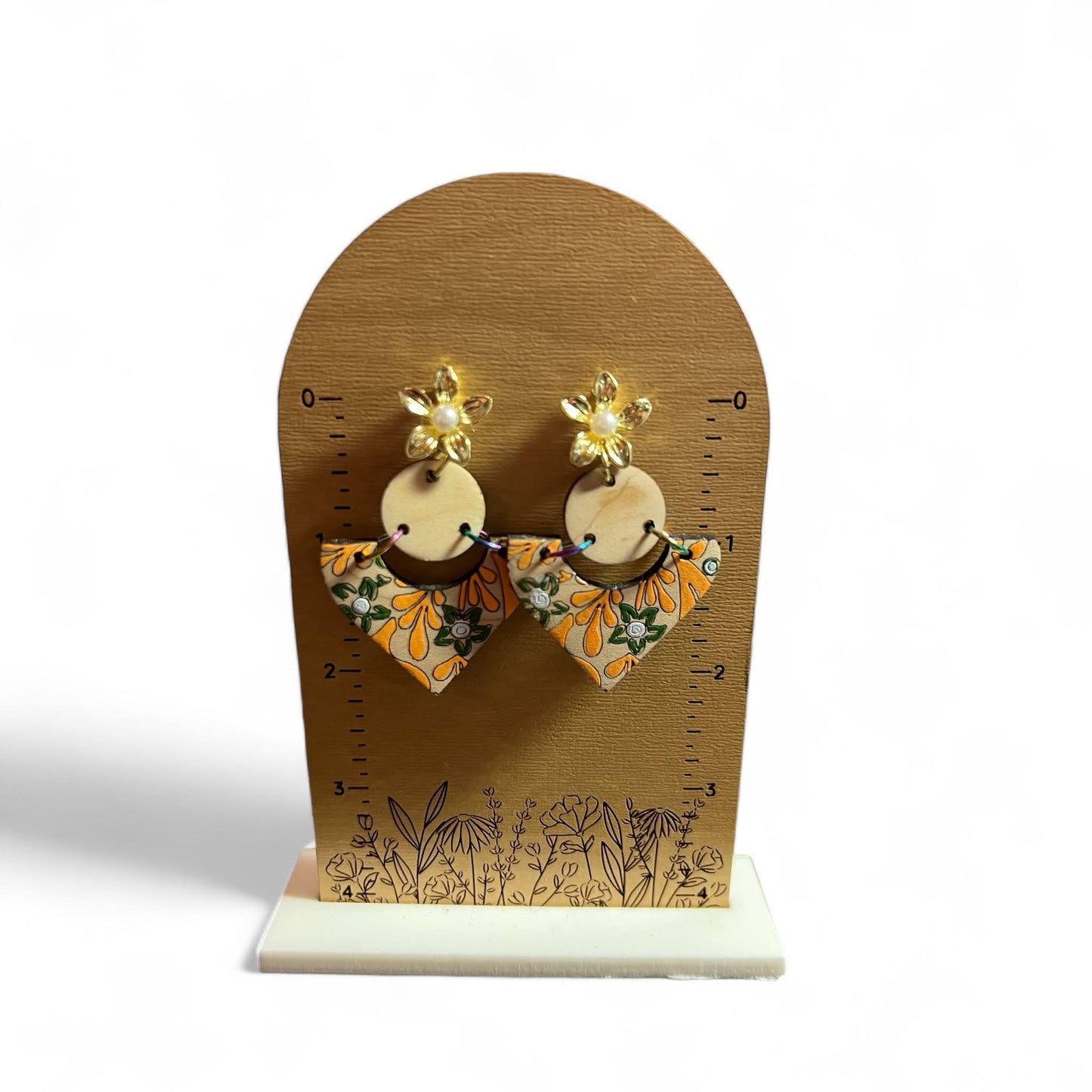 Light Wood With Peach and Green Painted Flowers And Gold Posts