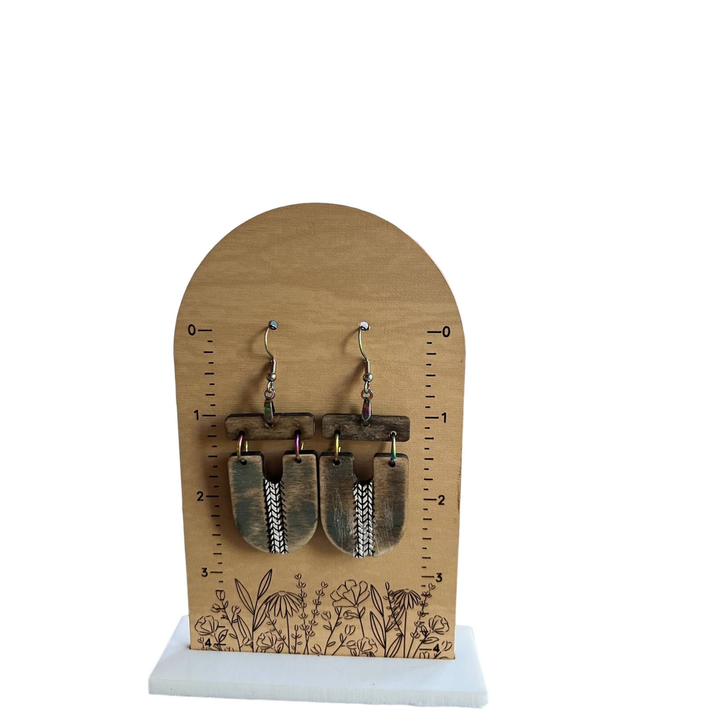 Rustic Wood Stained Dangles With Engraved White Accent