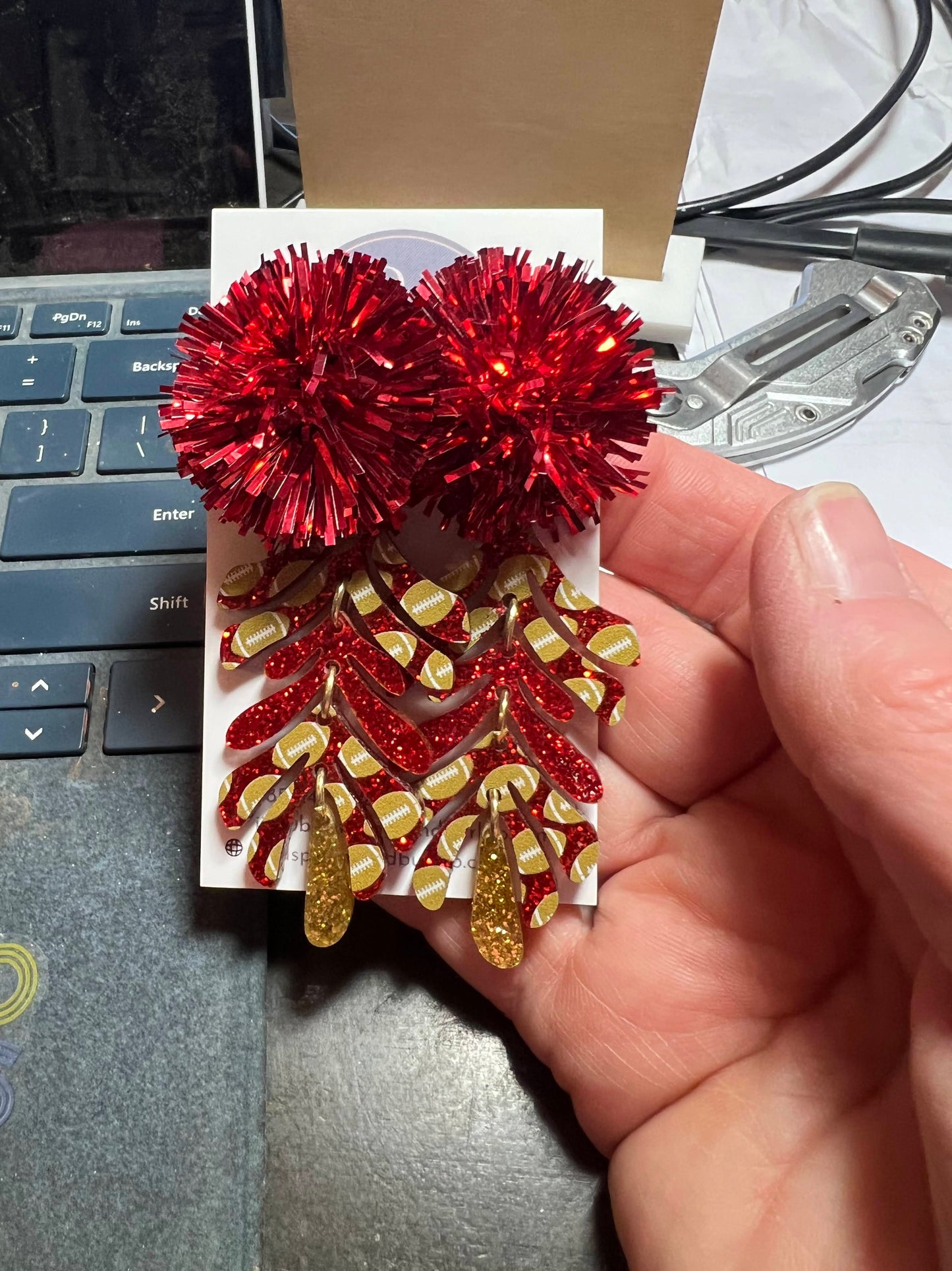 Red And Gold Acrylic Dangles With Gold Footballs