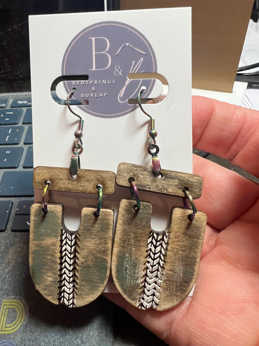 Rustic Wood Stained Dangles With Engraved White Accent