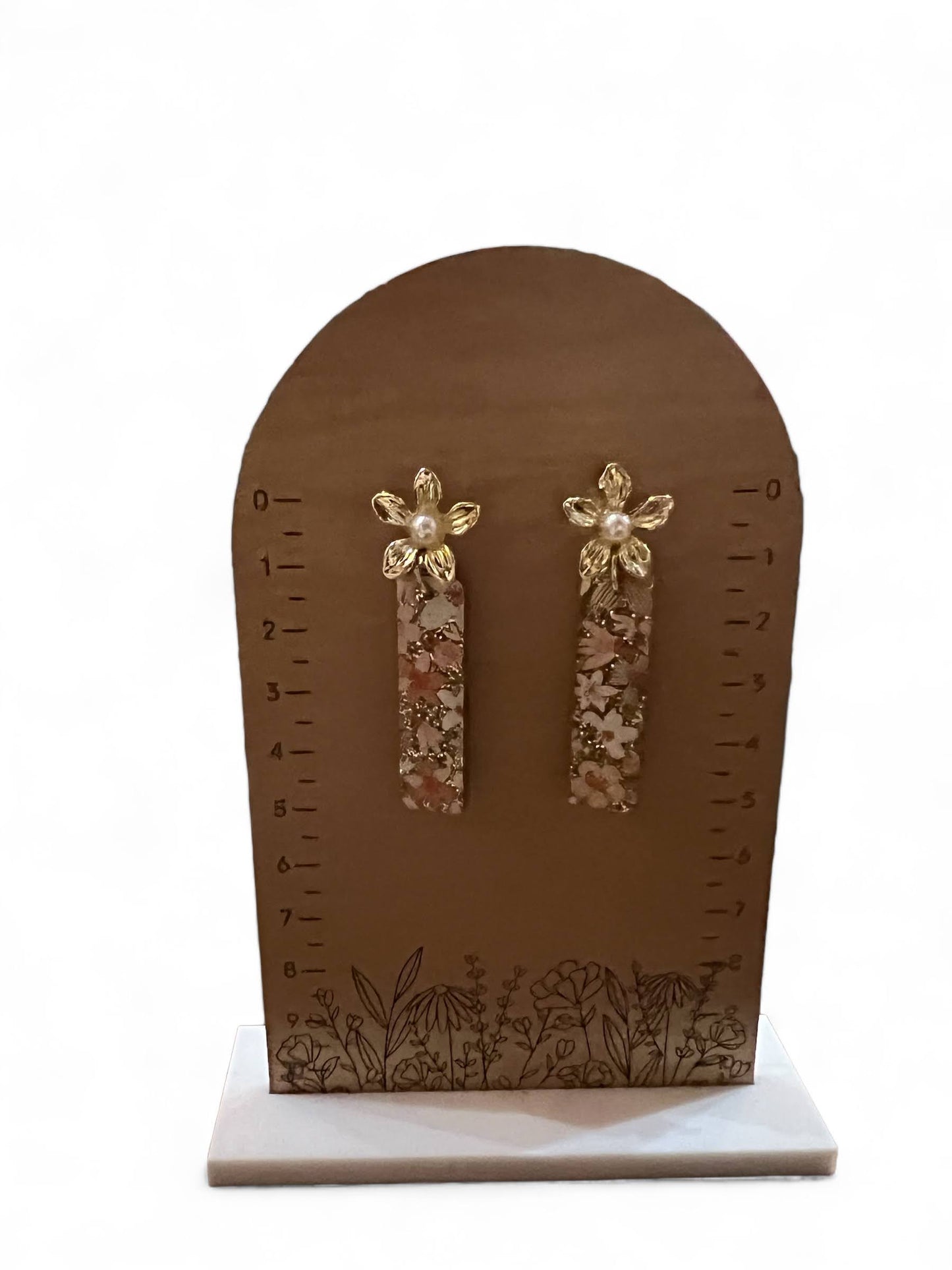 Pink Floral Gold Glitter Acrylic Rectangles With Gold Posts