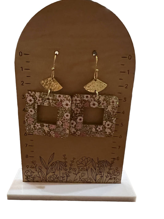 Pink Floral Gold Glitter Acrylic Squares With Gold Connectors