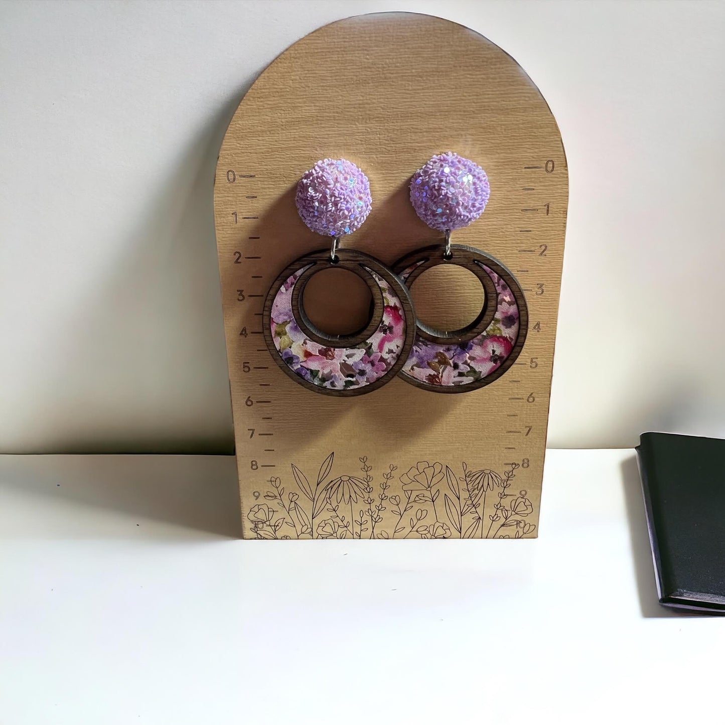 Dark Wood and Purple Floral Earrings