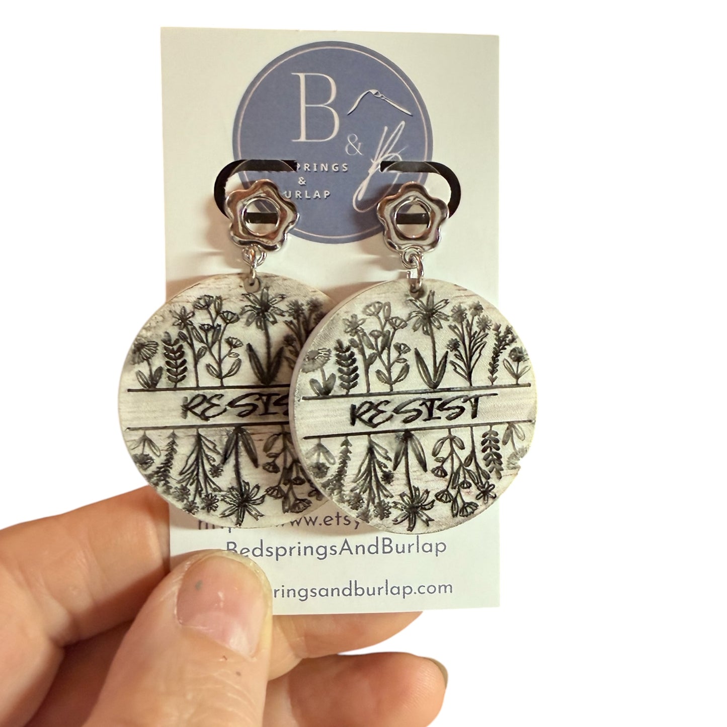 Resist Black And White Circle Dangle Earrings With Silver Flower Posts